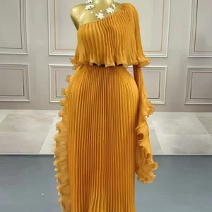 2025 Miyake Fashion Design Dress Slanted Shoulder Solid Color Loose Women's Clothing Medium Length Elegant Dresses  Summer New