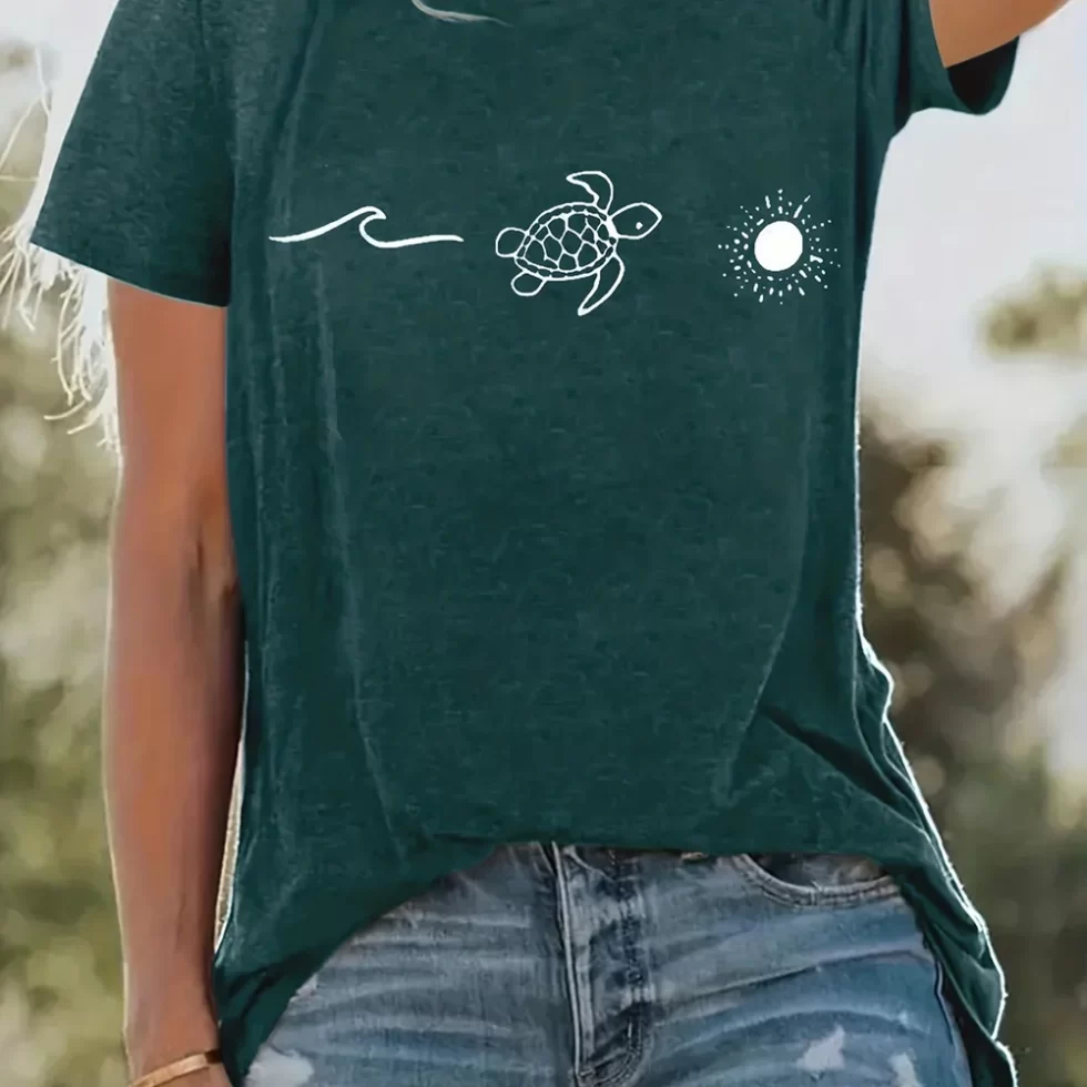 womens-printed-t-shirt-trend-short-sleeved-loose-round-neck-clothing-turtle-sun-pattern-top-womens-fashionable-clothing-summer