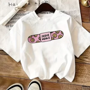 Womens Jesus Heals Joyful Face Graphic Printed Tee Casual Comfy Short Sleeve Round Neck Everyday T-shirt Trendy Design Clothing