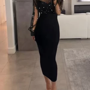 Elegant Party Dresses Woman Sexy Sheer Mesh Patch Beaded Bodycon Dresses Elegant Tight Urban Long Dress Fashion Women's Clothes