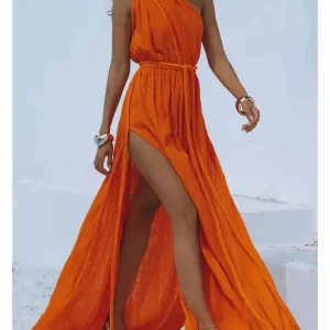 Fitshinling One Shoulder Maxi Dress Summer Sleeveless Vintage Sexy Hot Split Long Dresses Women Clothing Bohemian Pareo Ladies