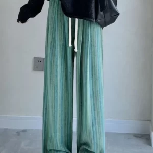 Woolen Striped Pants for Women Autumn Winter Vintage Stylish Wide Leg Mopping Trousers Loose All-match Female Casual Daily Chic