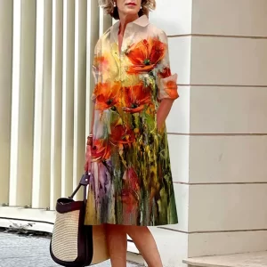 Fashion Lapel Long Sleeve Shirt Dress Casual Loose Floral Print Single Row Loose Button Polo Dress Women's Pocket Robe 2023